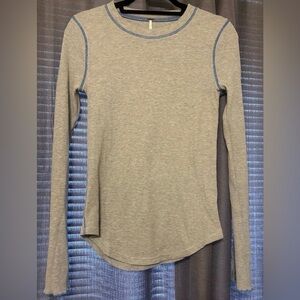 Free People Zip It Waffle Thermal Zipper Cuff Long Sleeve Grey Blue Trim